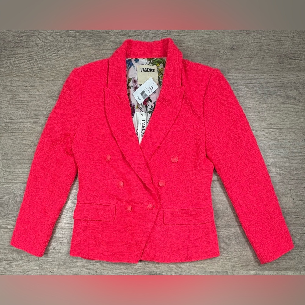 NWT $650 MSRP L’AGENCE Kenzie Blazer Diva Pink Double Breasted Tweed Diva Size 8